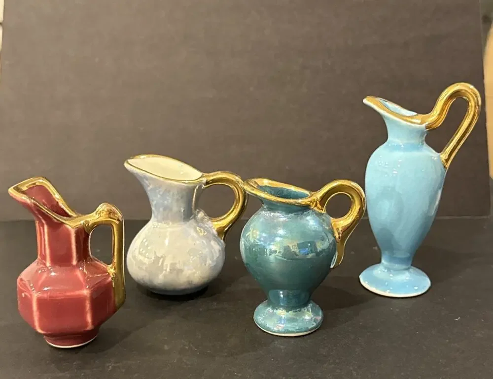 Vintage Set of 4 Mini Pottery Pitchers Colorful Gold Trim Studio Art Style